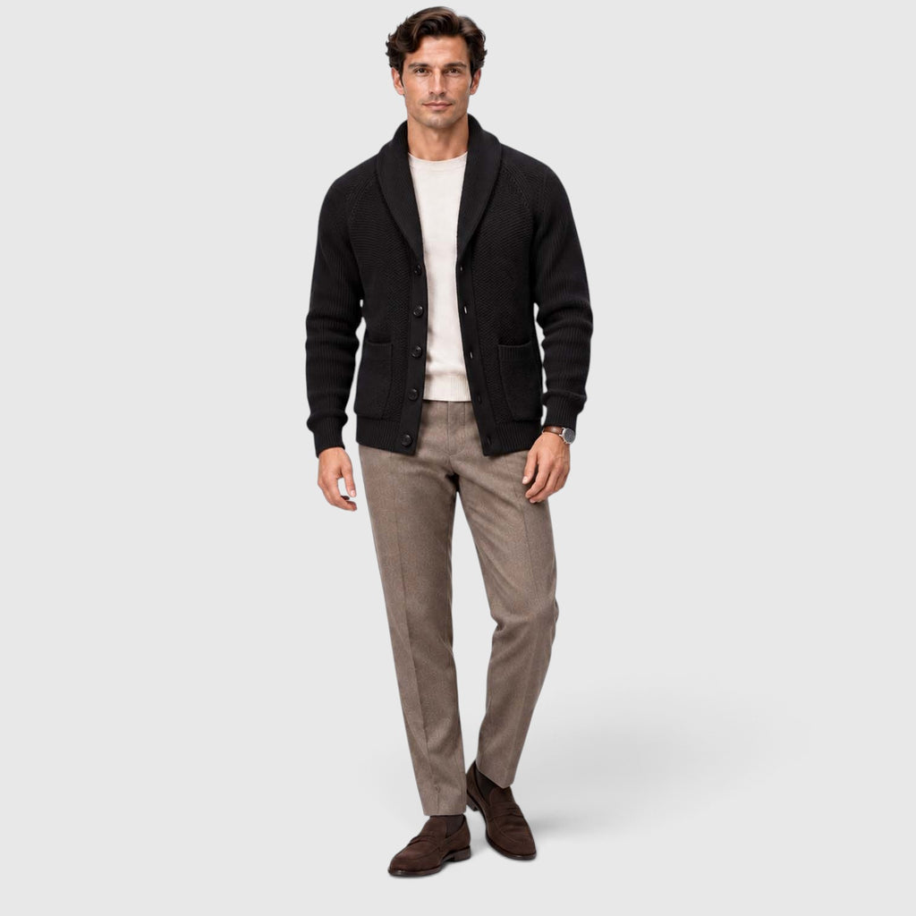 Monvaline | Men's Shawl Collar Cardigan – Open Front Knit with Flap Pockets