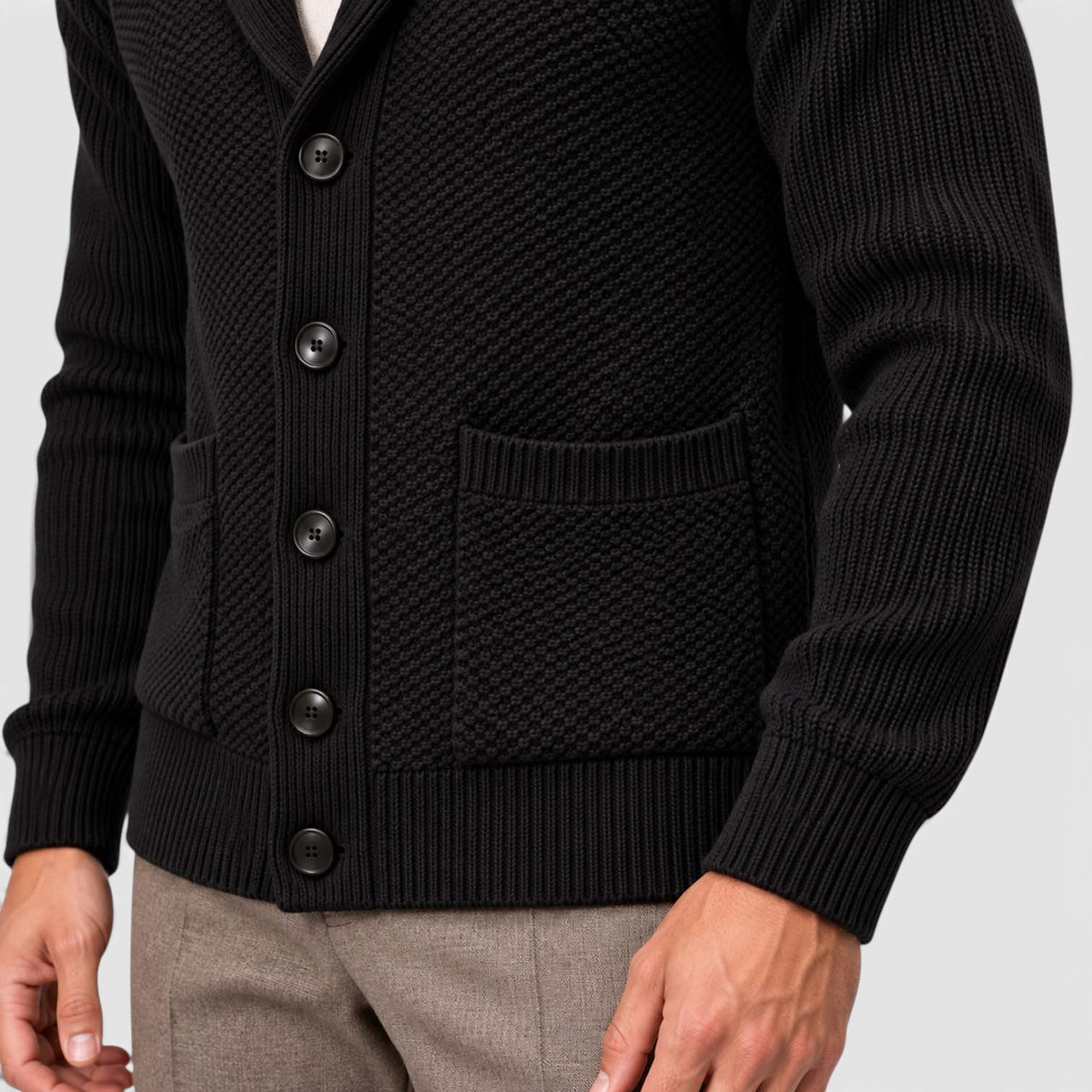 Monvaline | Men's Shawl Collar Cardigan – Open Front Knit with Flap Pockets