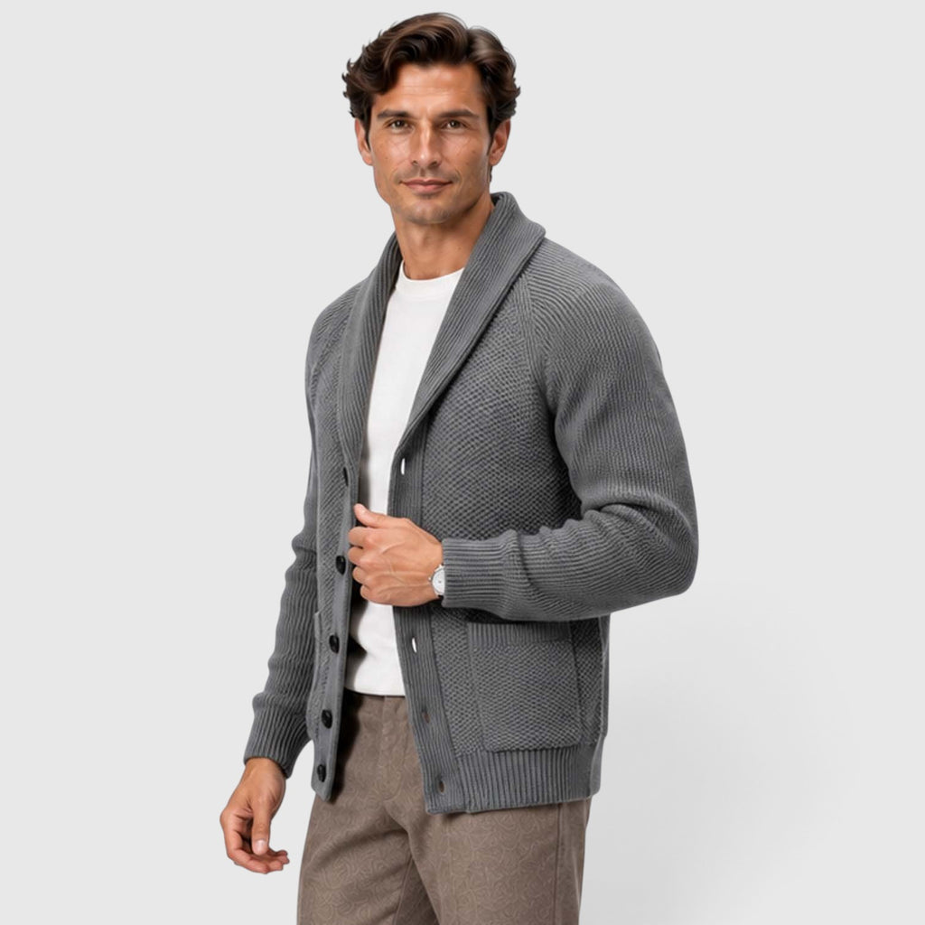 Monvaline | Men's Shawl Collar Cardigan – Open Front Knit with Flap Pockets