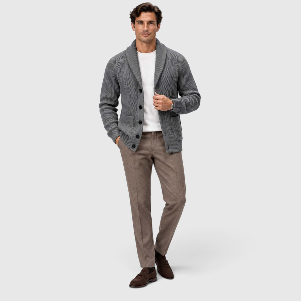 Monvaline | Men's Shawl Collar Cardigan – Open Front Knit with Flap Pockets