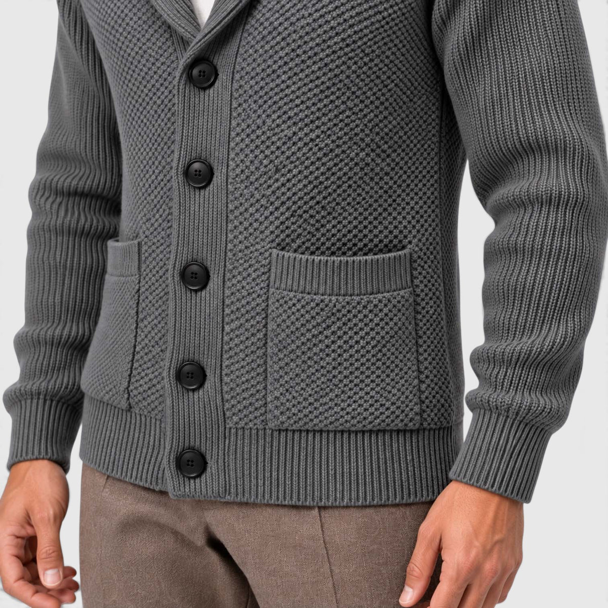 Monvaline | Men's Shawl Collar Cardigan – Open Front Knit with Flap Pockets