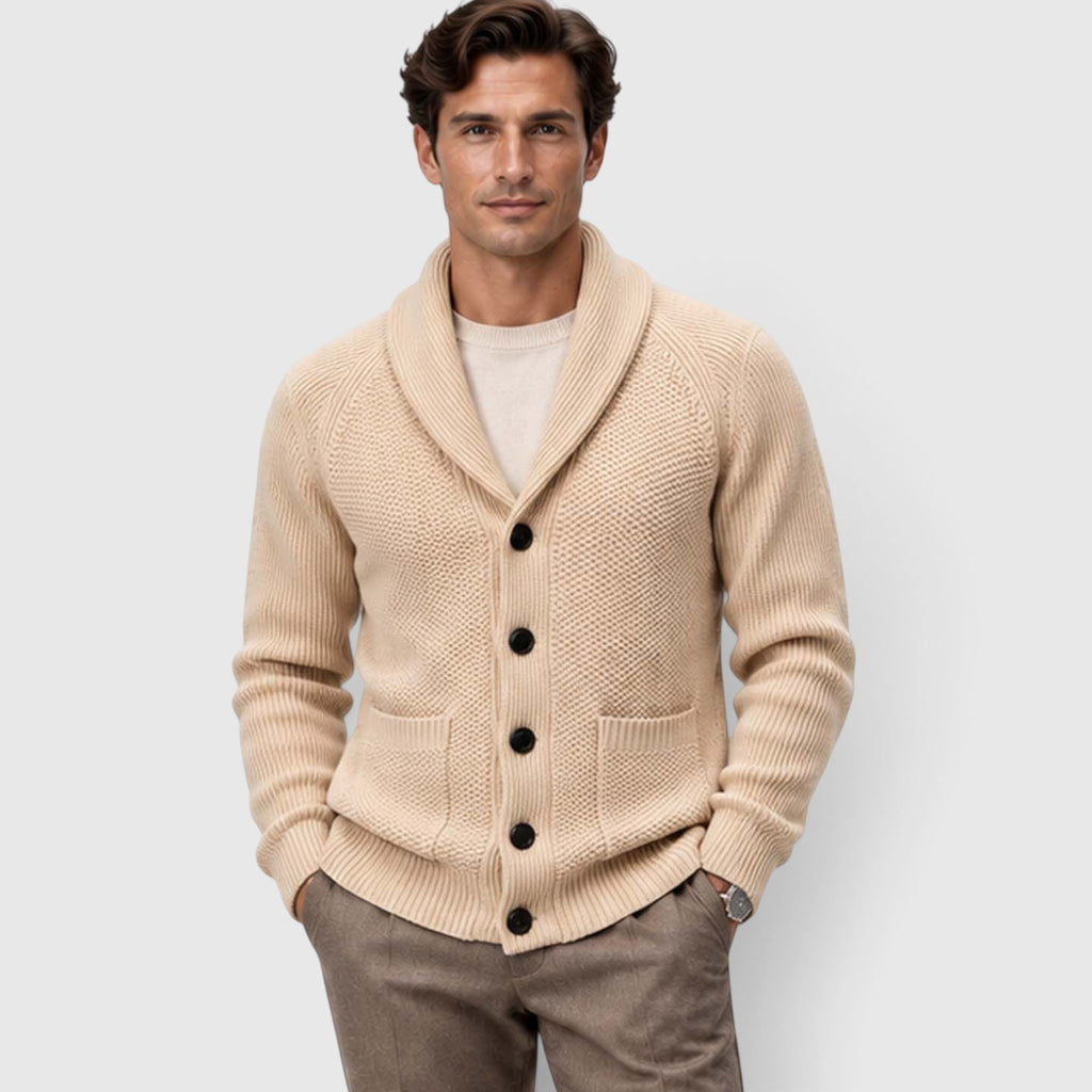 Monvaline | Men's Shawl Collar Cardigan – Open Front Knit with Flap Pockets