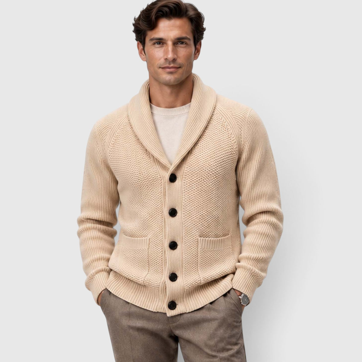Monvaline | Men's Shawl Collar Cardigan – Open Front Knit with Flap Pockets