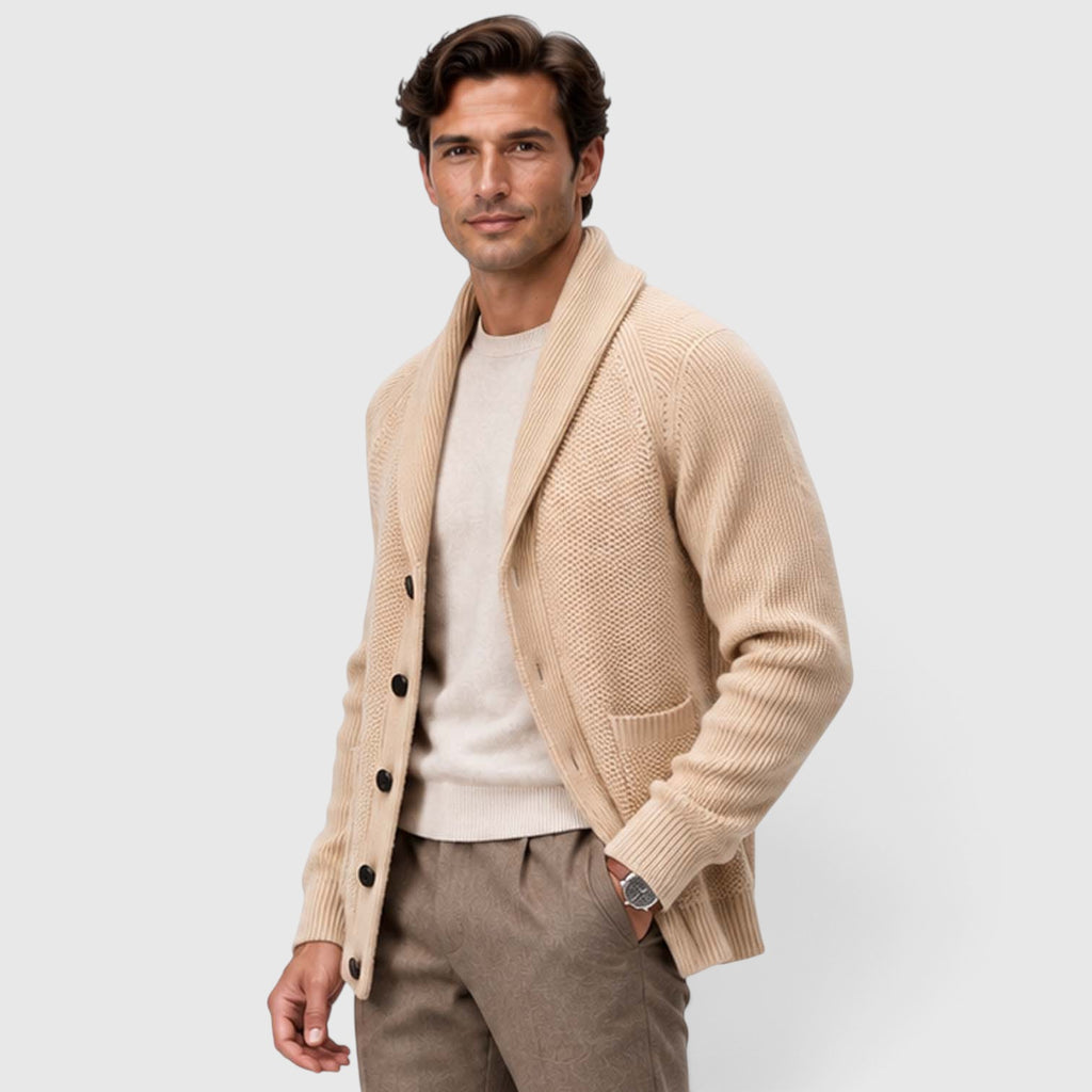 Monvaline | Men's Shawl Collar Cardigan – Open Front Knit with Flap Pockets