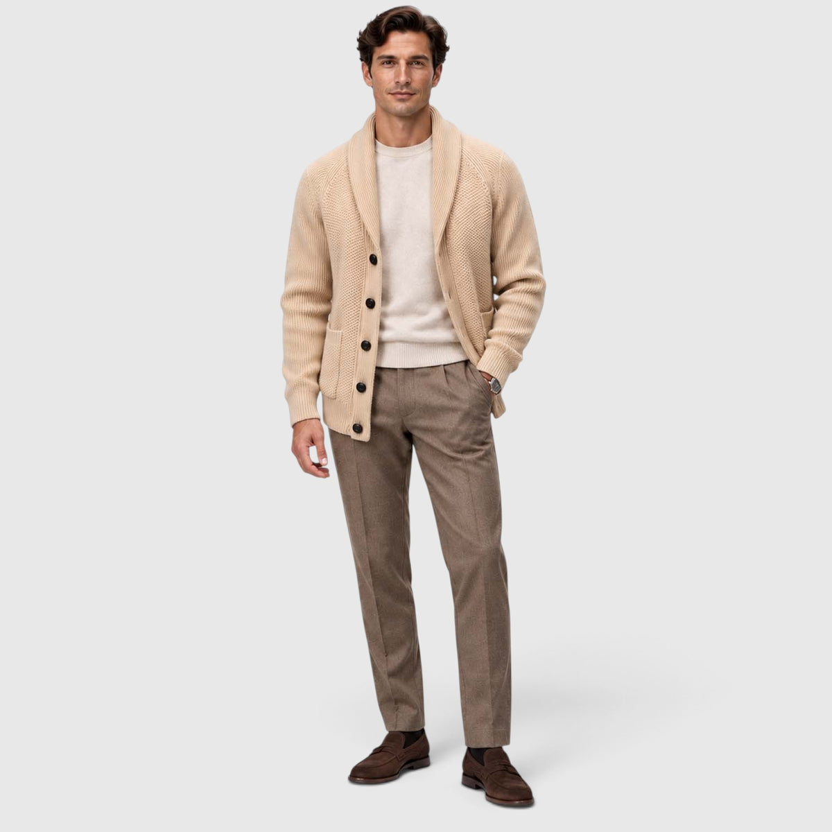 Monvaline | Men's Shawl Collar Cardigan – Open Front Knit with Flap Pockets