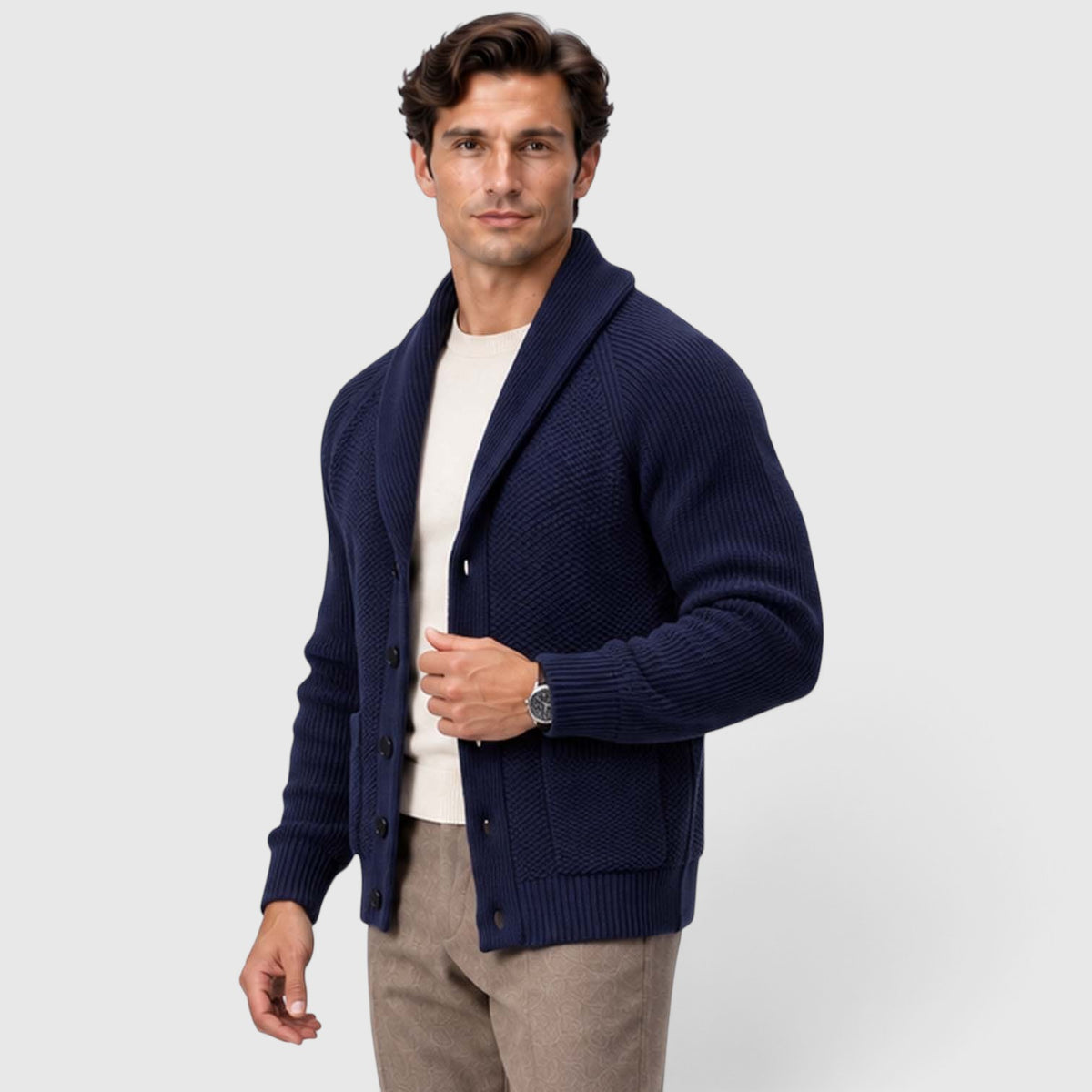 Monvaline | Men's Shawl Collar Cardigan – Open Front Knit with Flap Pockets