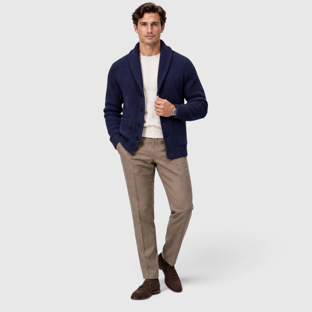 Monvaline | Men's Shawl Collar Cardigan – Open Front Knit with Flap Pockets