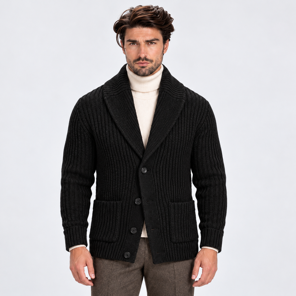 Monvaline | Men's Shawl Collar Ribbed Knit Button Cardigan