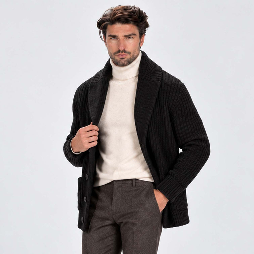 Monvaline | Men's Shawl Collar Ribbed Knit Button Cardigan