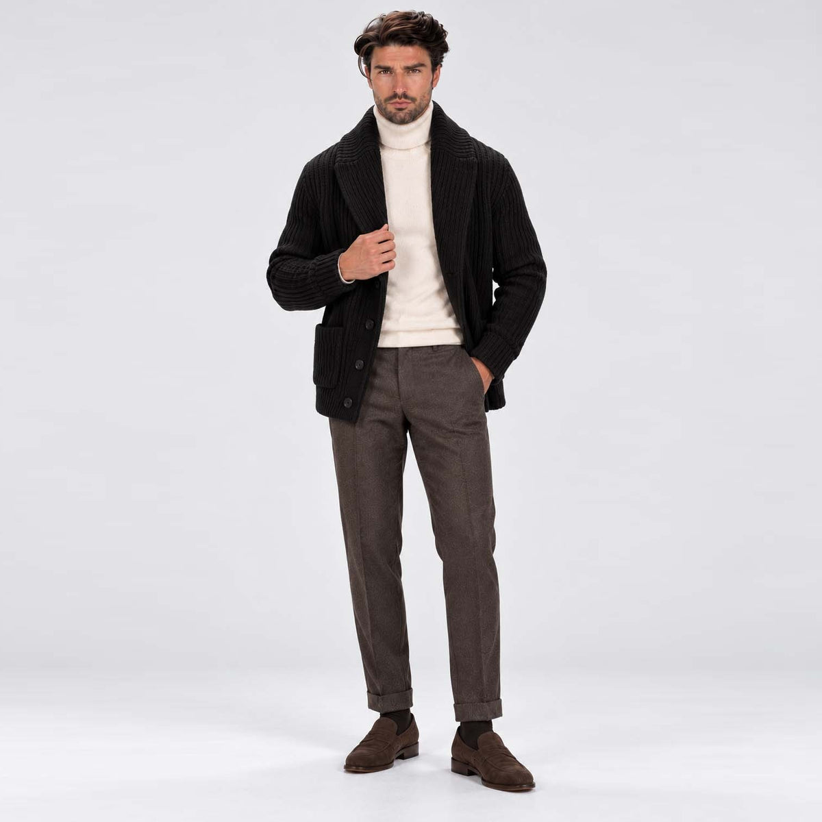 Monvaline | Men's Shawl Collar Ribbed Knit Button Cardigan