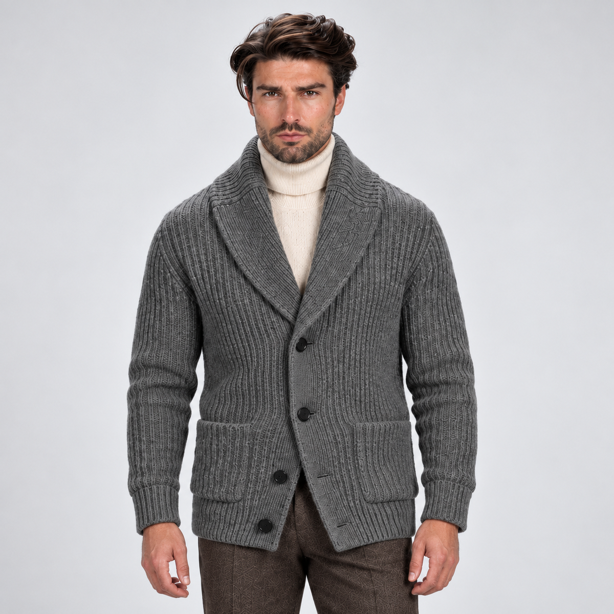 Monvaline | Men's Shawl Collar Ribbed Knit Button Cardigan