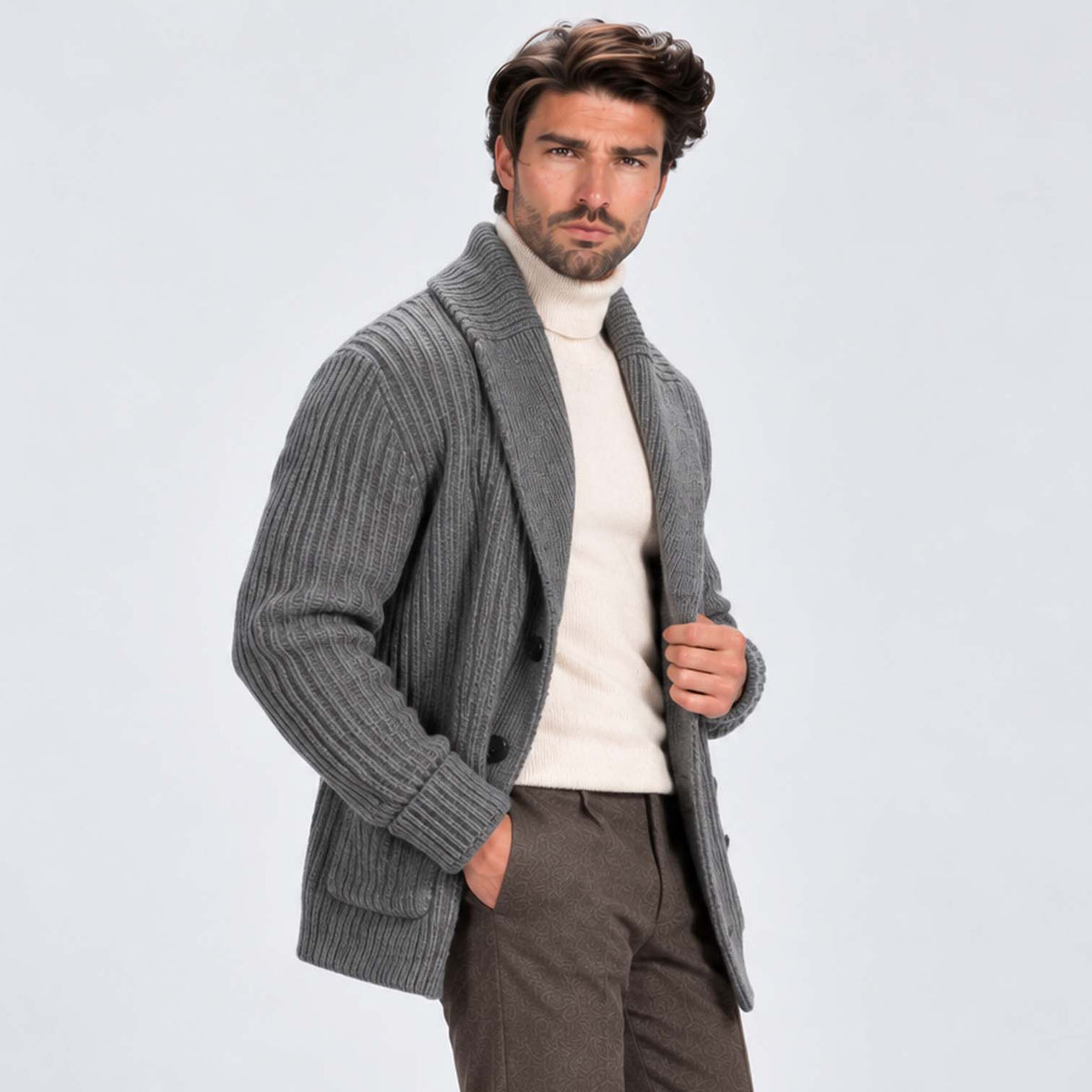 Monvaline | Men's Shawl Collar Ribbed Knit Button Cardigan