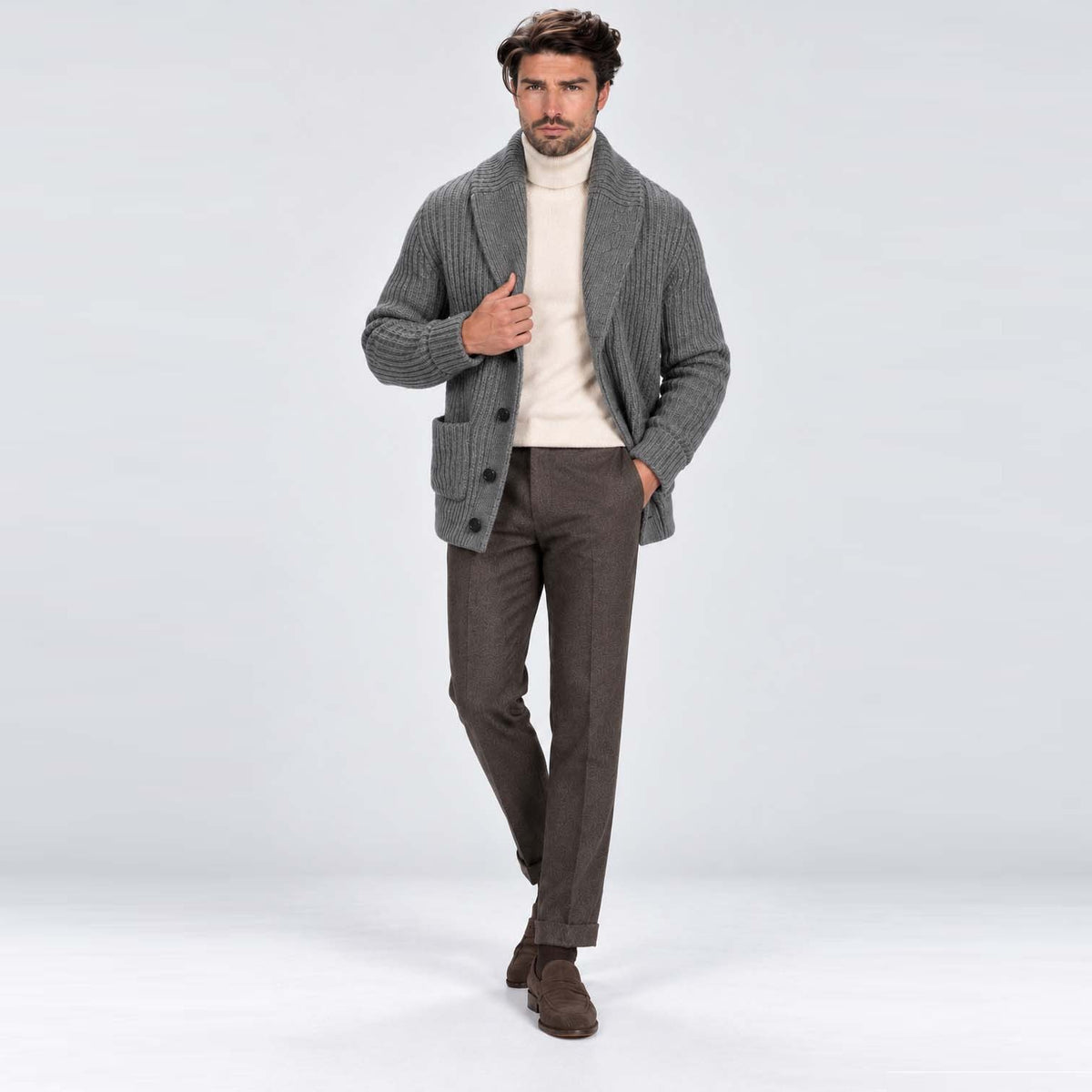 Monvaline | Men's Shawl Collar Ribbed Knit Button Cardigan