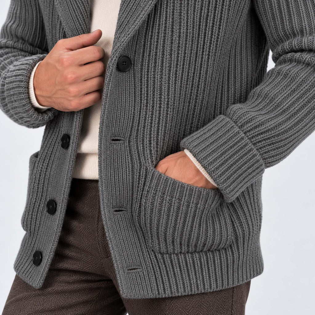 Monvaline | Men's Shawl Collar Ribbed Knit Button Cardigan