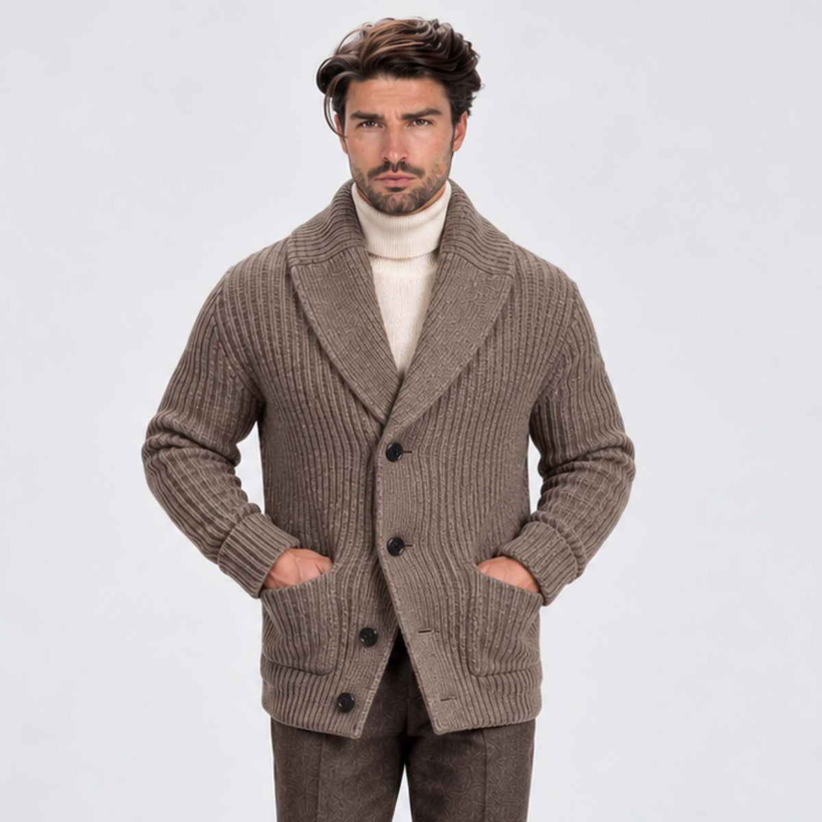 Monvaline | Men's Shawl Collar Ribbed Knit Button Cardigan