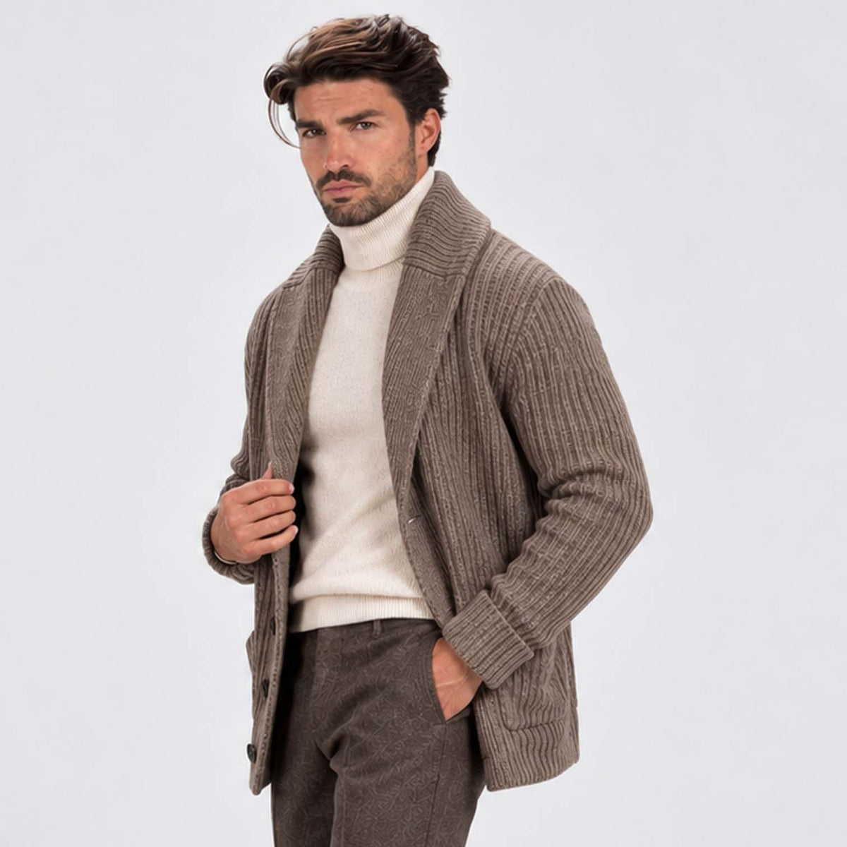Monvaline | Men's Shawl Collar Ribbed Knit Button Cardigan
