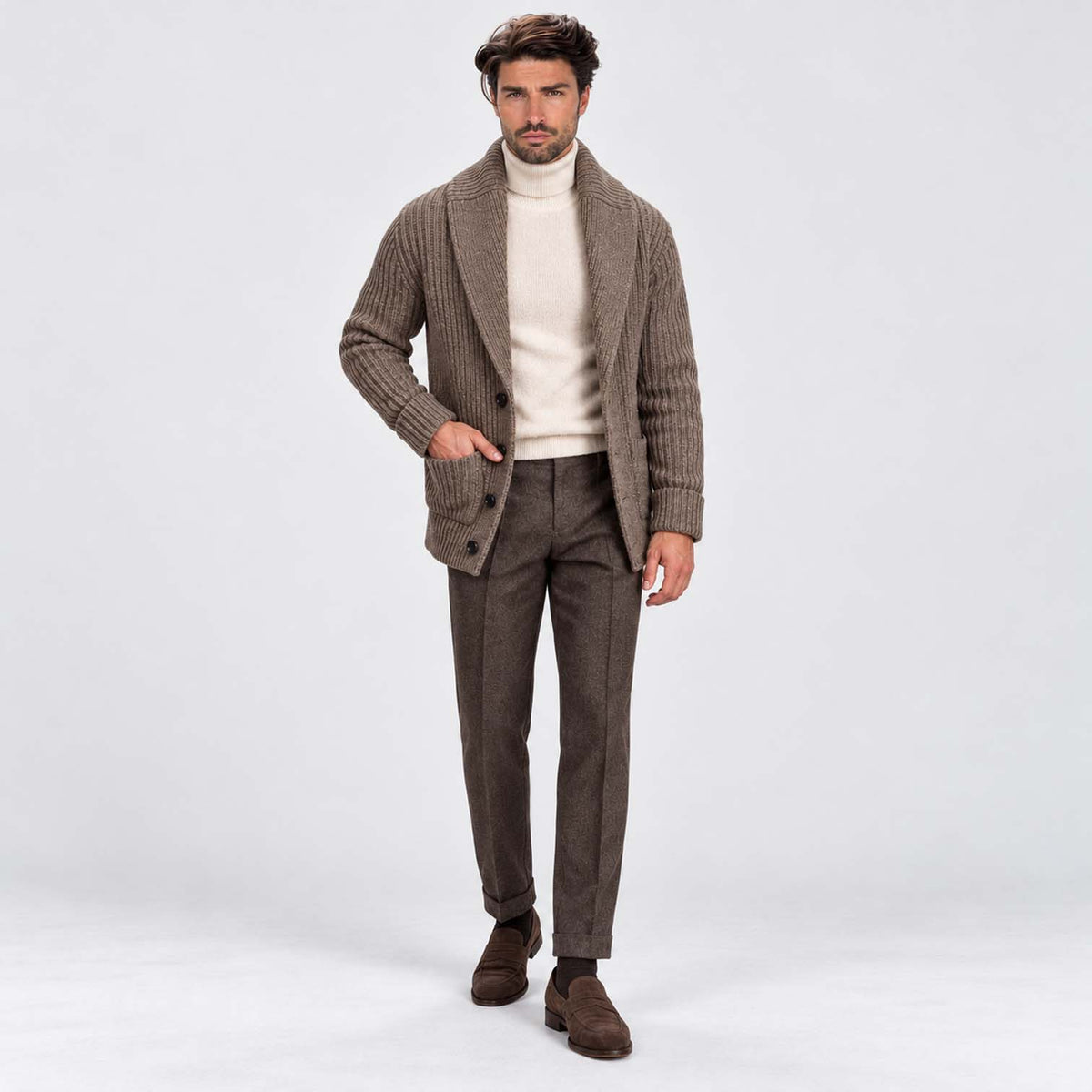 Monvaline | Men's Shawl Collar Ribbed Knit Button Cardigan