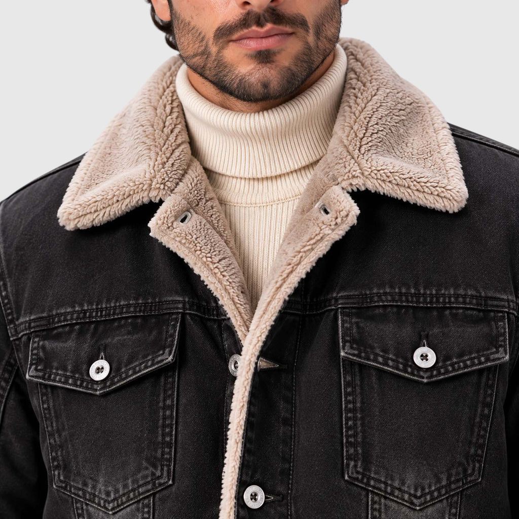 Monvaline | Men's Sherpa Lined Denim Jacket - Warm Trucker Jacket