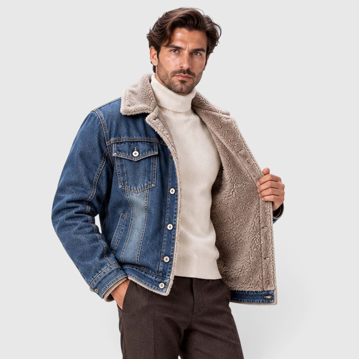Monvaline | Men's Sherpa Lined Denim Jacket - Warm Trucker Jacket
