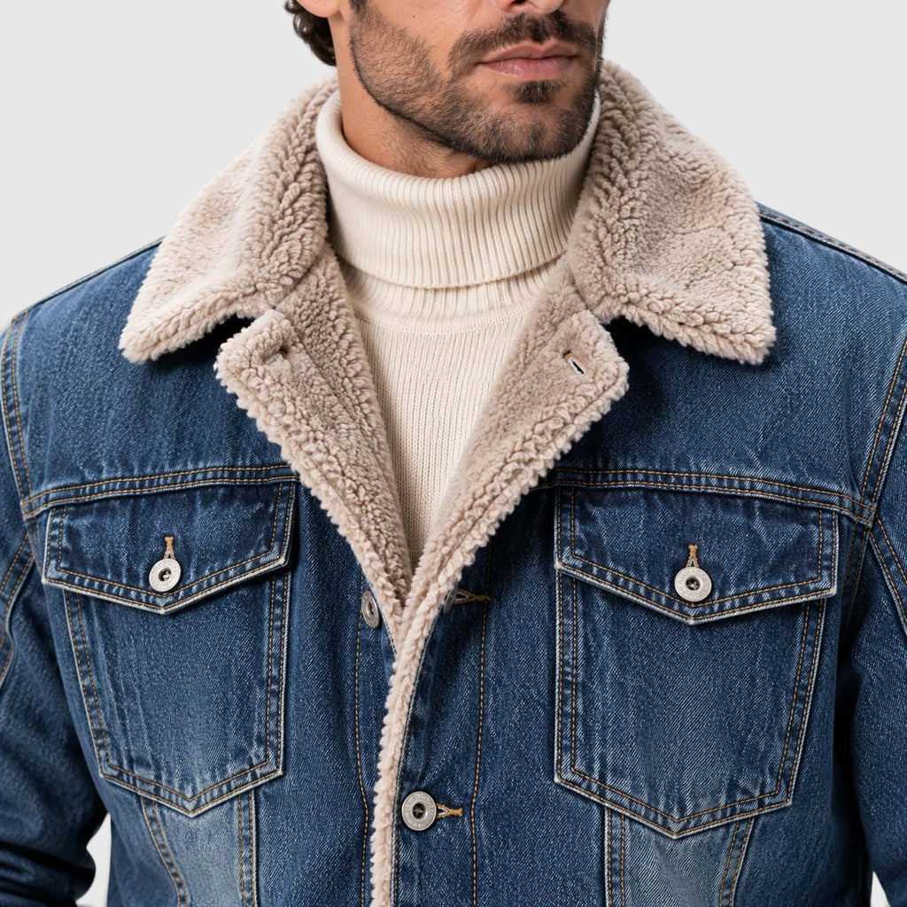 Monvaline | Men's Sherpa Lined Denim Jacket - Warm Trucker Jacket