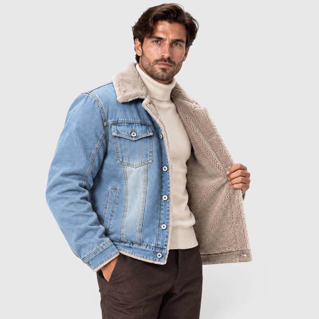 Monvaline | Men's Sherpa Lined Denim Jacket - Warm Trucker Jacket