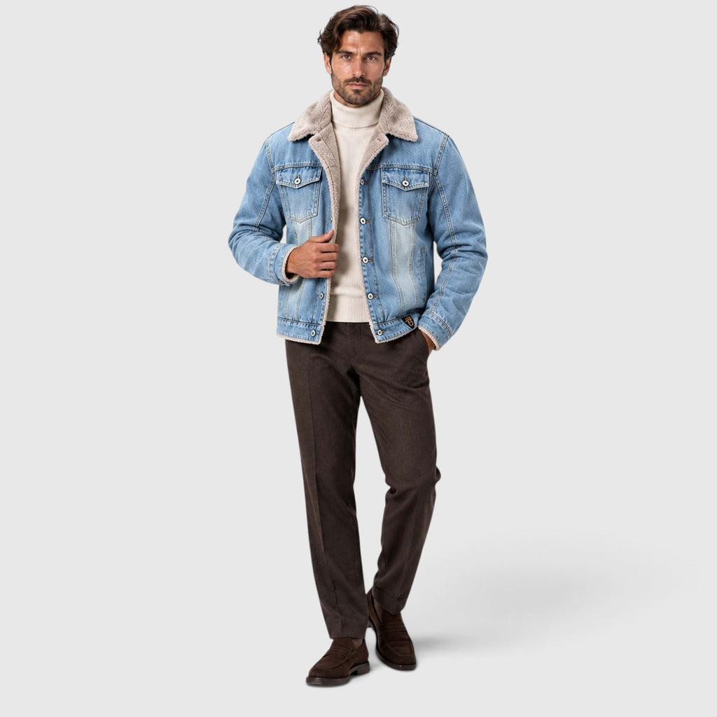 Monvaline | Men's Sherpa Lined Denim Jacket - Warm Trucker Jacket