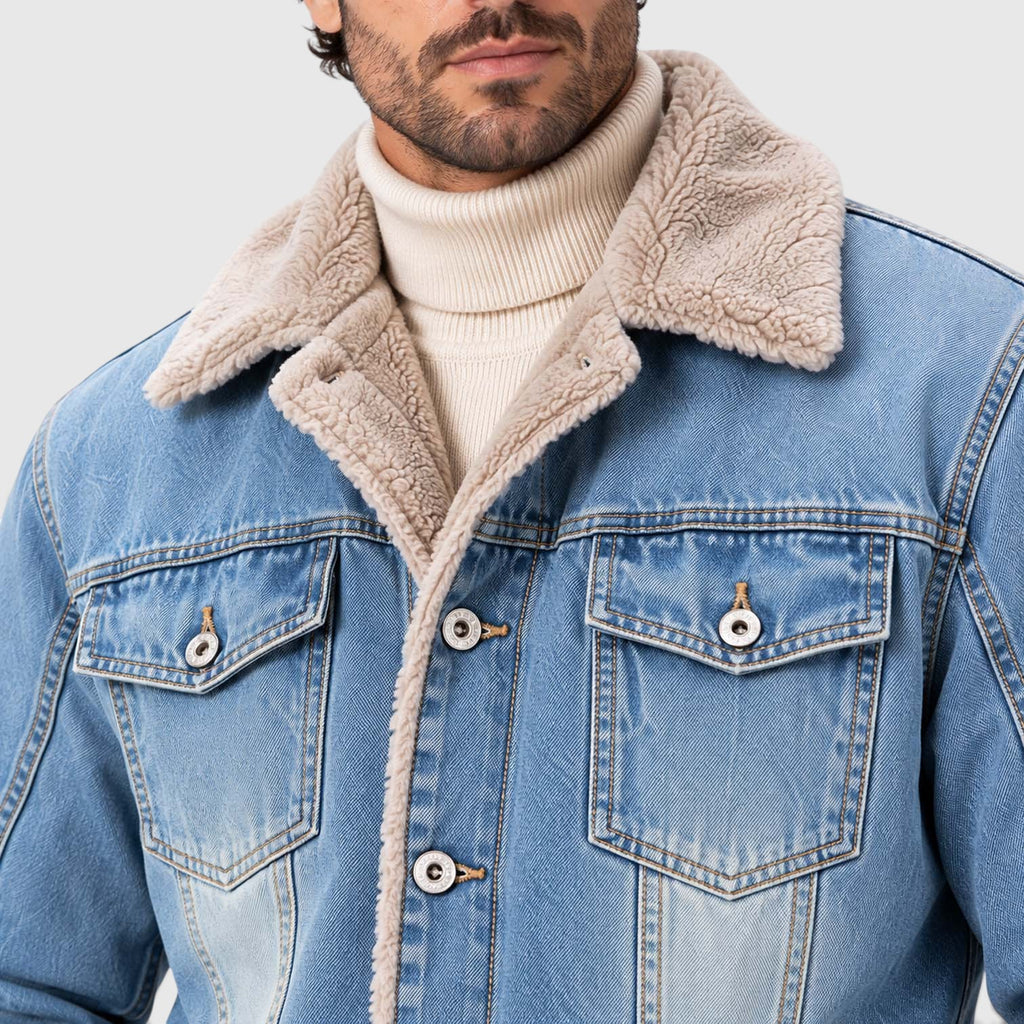 Monvaline | Men's Sherpa Lined Denim Jacket - Warm Trucker Jacket