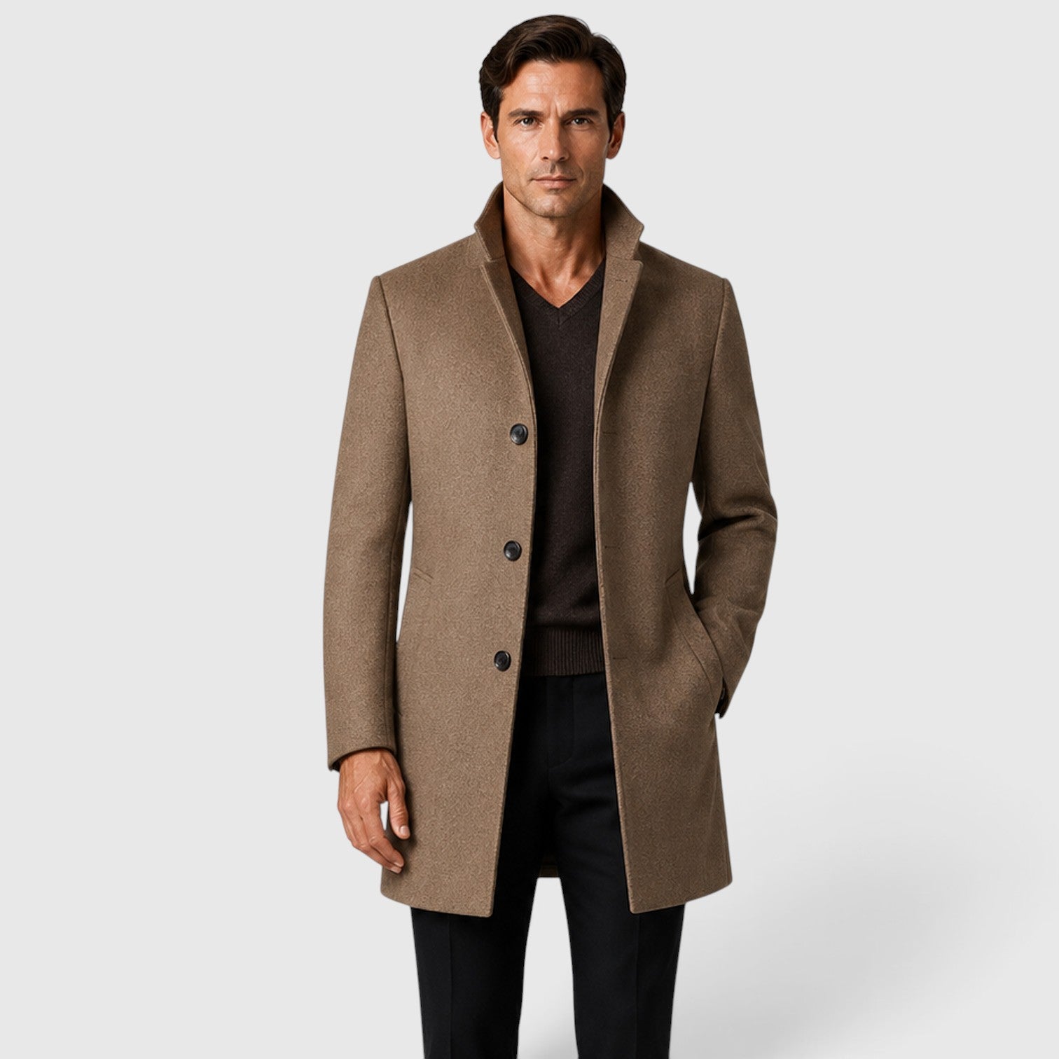 Monvaline | Men's Single-Breasted Stand Collar Woolen Coat Warm Classic Fit