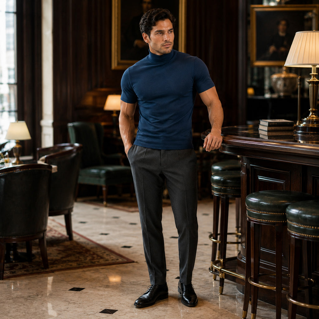 Monvaline | Men's Slim Fit Mock Neck T-Shirt for Smart Casual Summer Wear