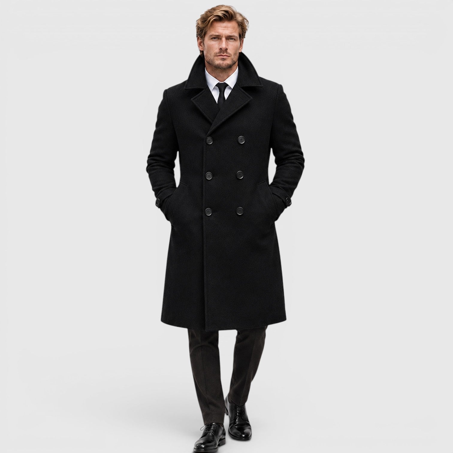 Monvaline | Men's Smart Casual Double-Breasted Wool Overcoat Long Fit