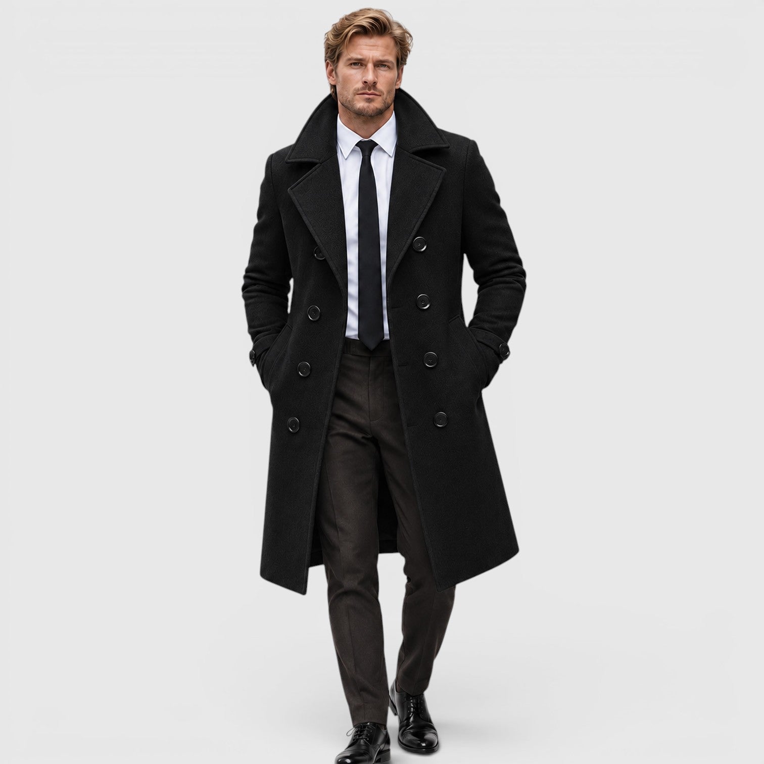Monvaline | Men's Smart Casual Double-Breasted Wool Overcoat Long Fit