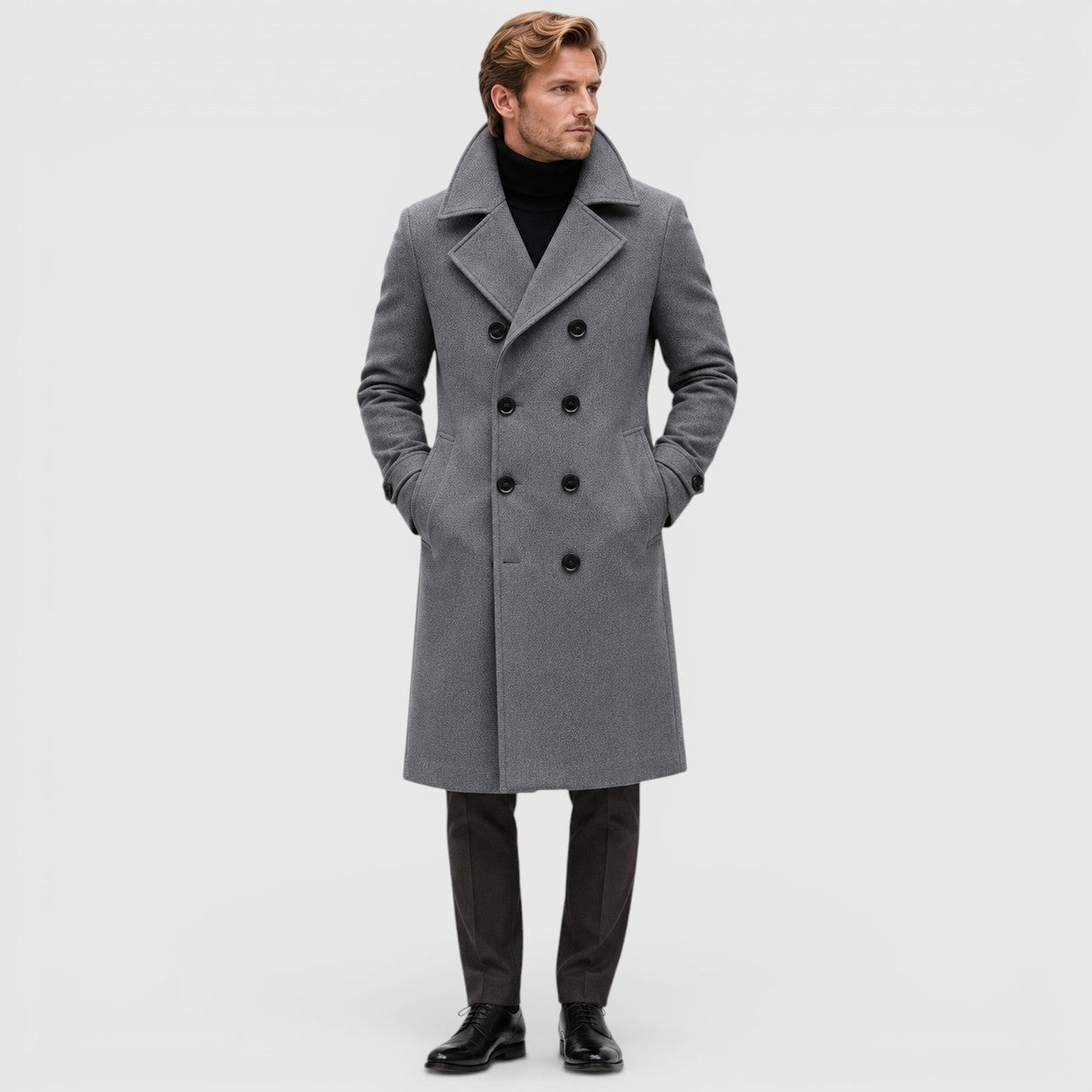 Monvaline | Men's Smart Casual Double-Breasted Wool Overcoat Long Fit