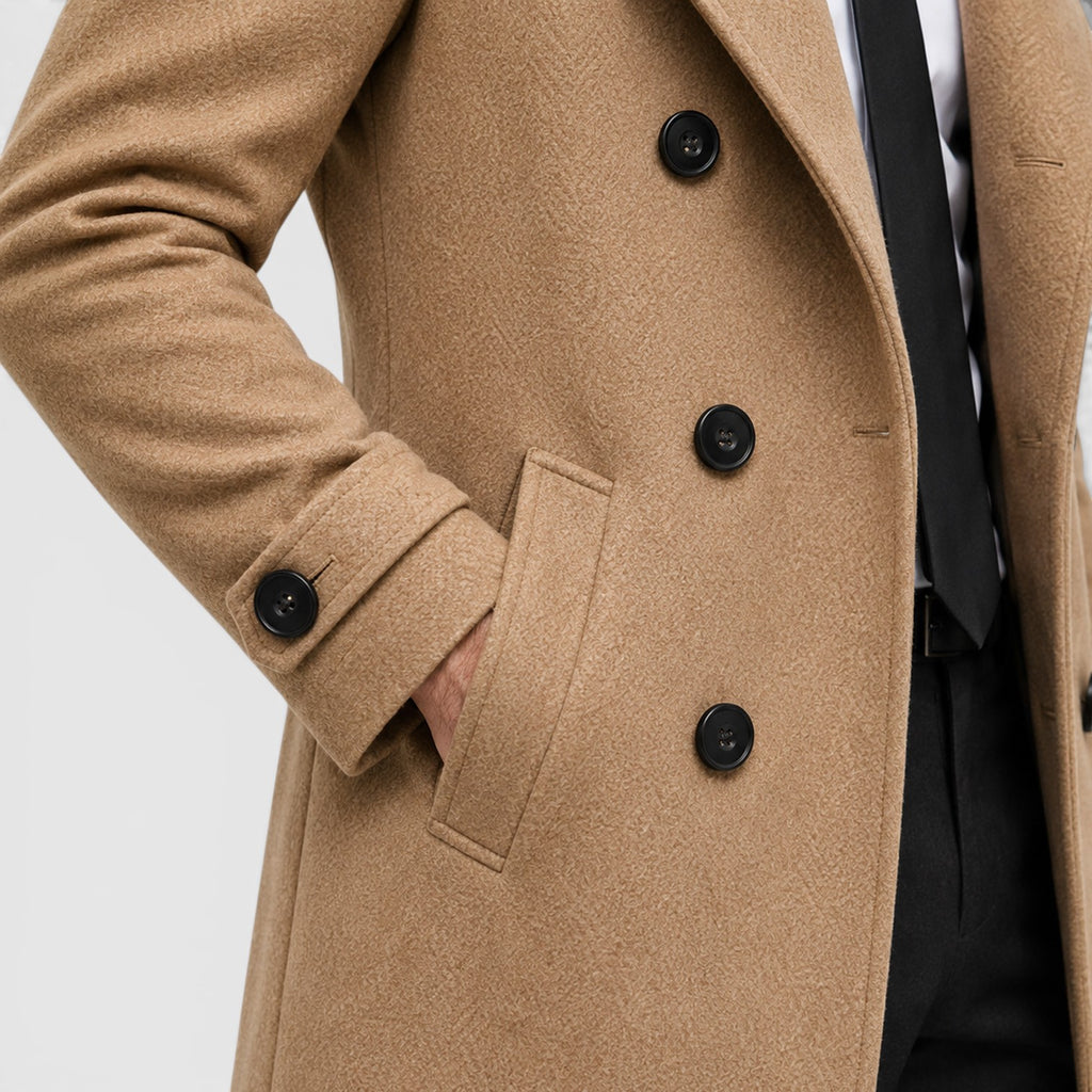 Monvaline | Men's Smart Casual Double-Breasted Wool Overcoat Long Fit