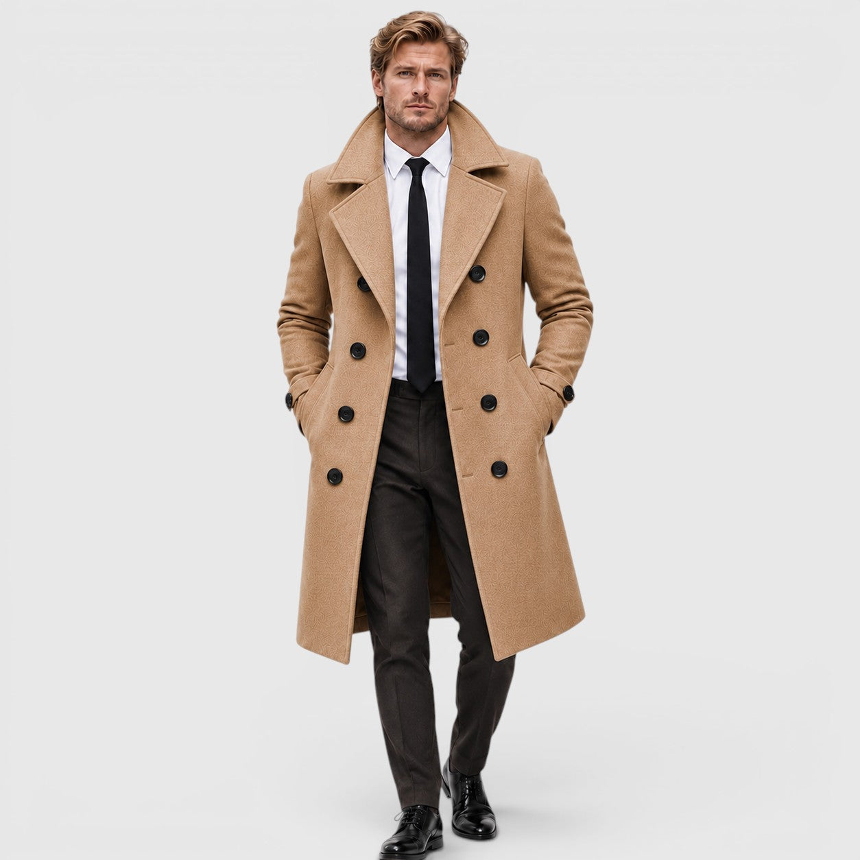Monvaline | Men's Smart Casual Double-Breasted Wool Overcoat Long Fit