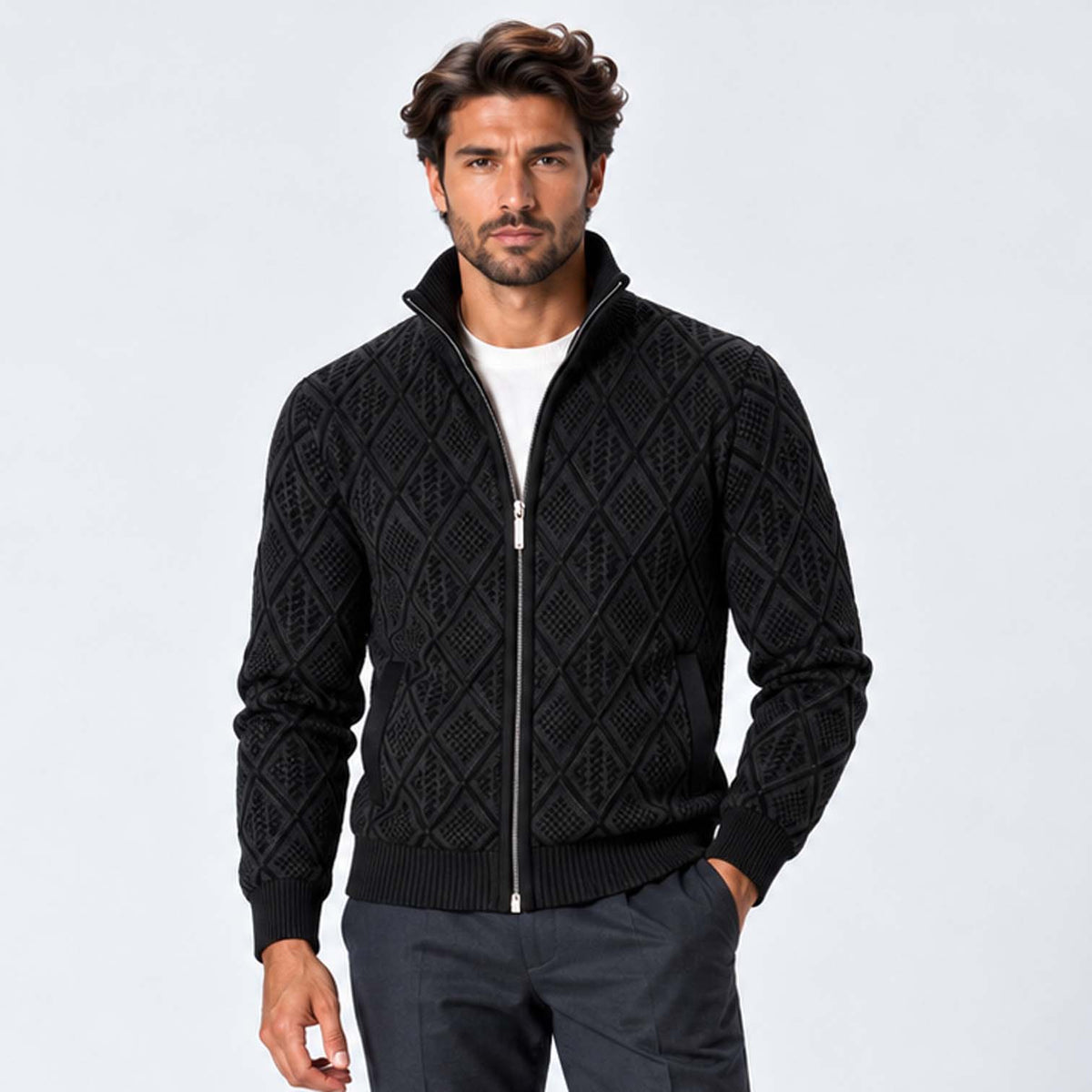 Monvaline | Men's Stand Collar Knit Zip-Up Cardigan Diamond Pattern