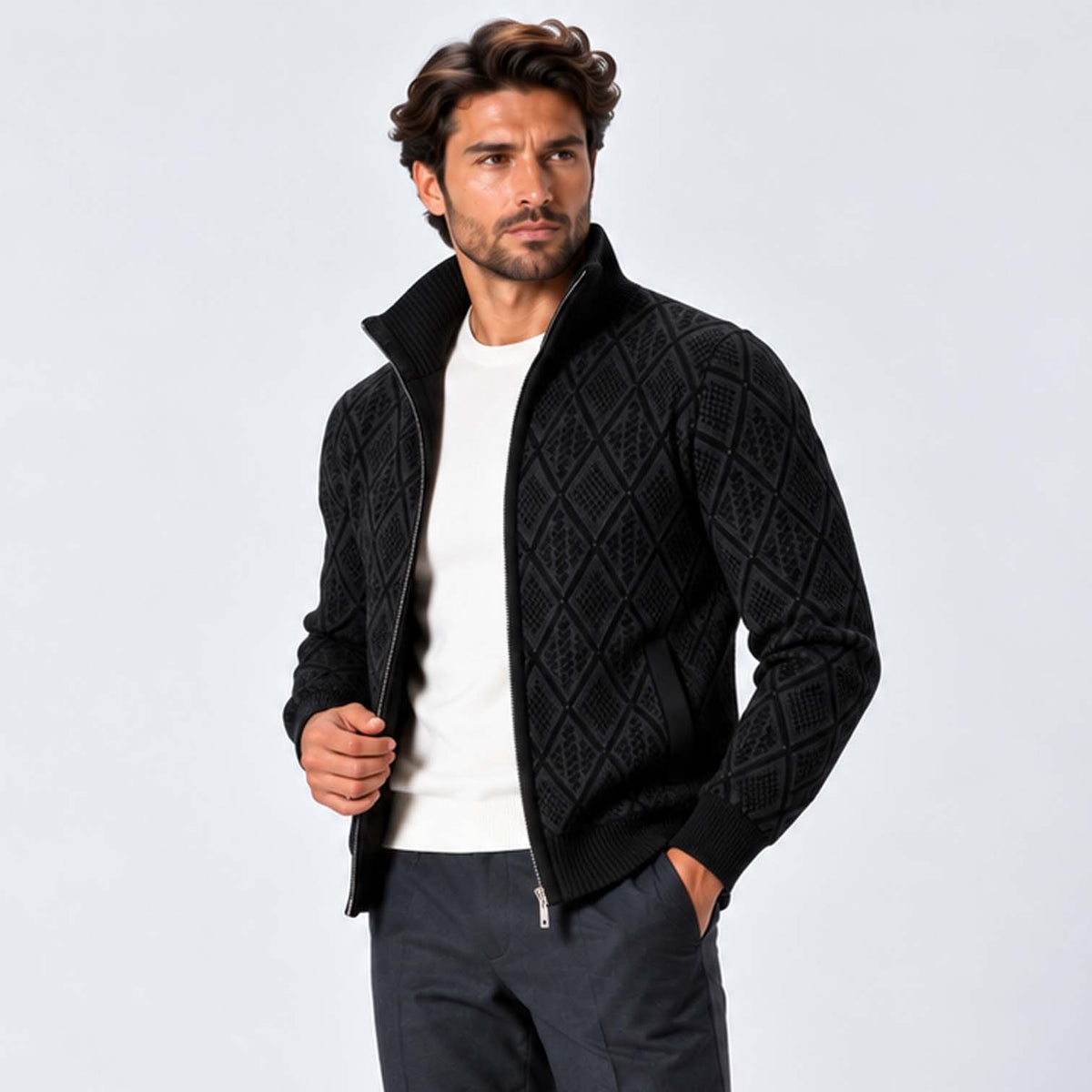 Monvaline | Men's Stand Collar Knit Zip-Up Cardigan Diamond Pattern