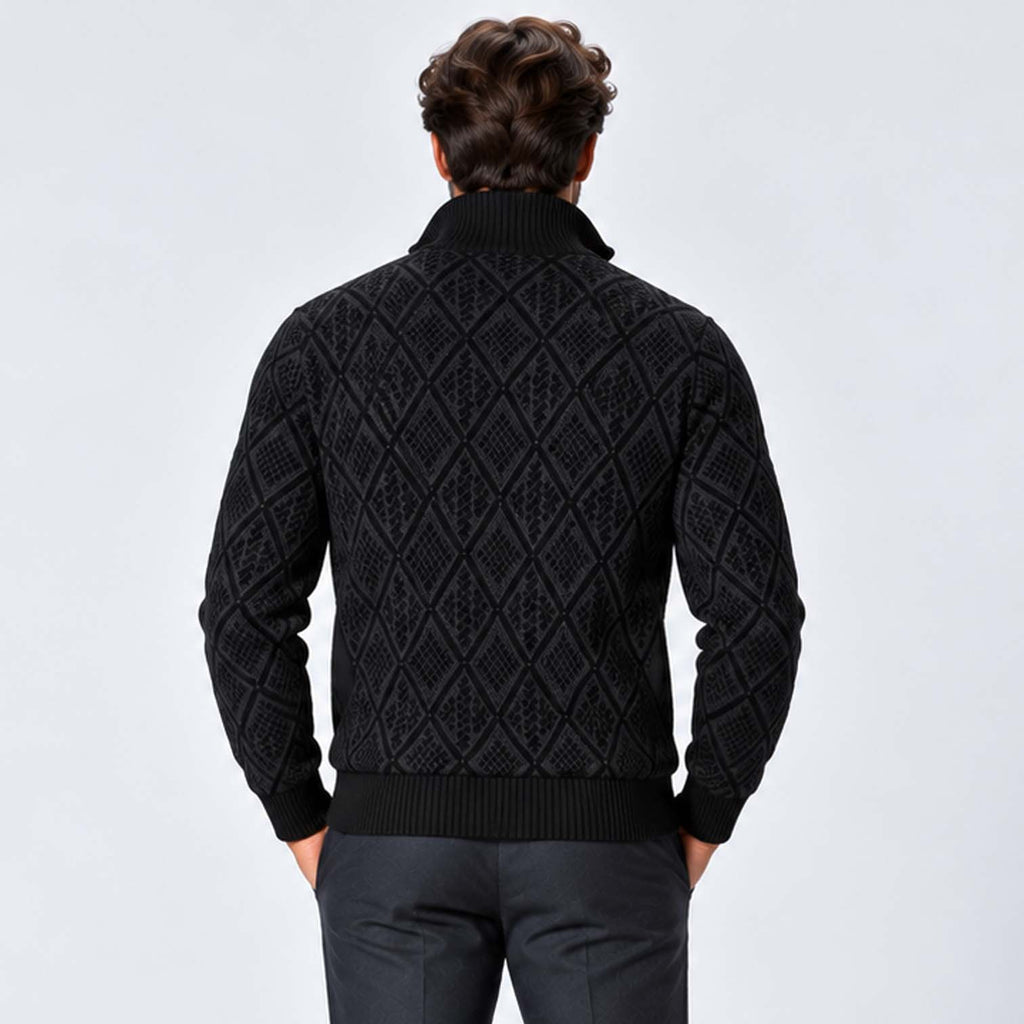 Monvaline | Men's Stand Collar Knit Zip-Up Cardigan Diamond Pattern