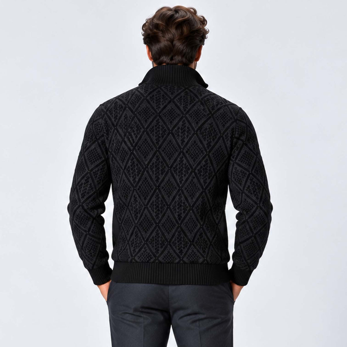 Monvaline | Men's Stand Collar Knit Zip-Up Cardigan Diamond Pattern