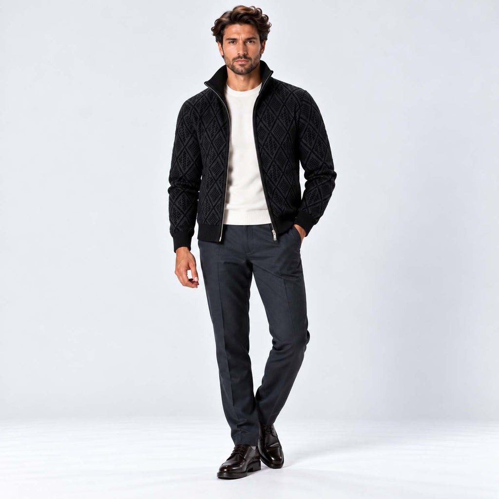 Monvaline | Men's Stand Collar Knit Zip-Up Cardigan Diamond Pattern