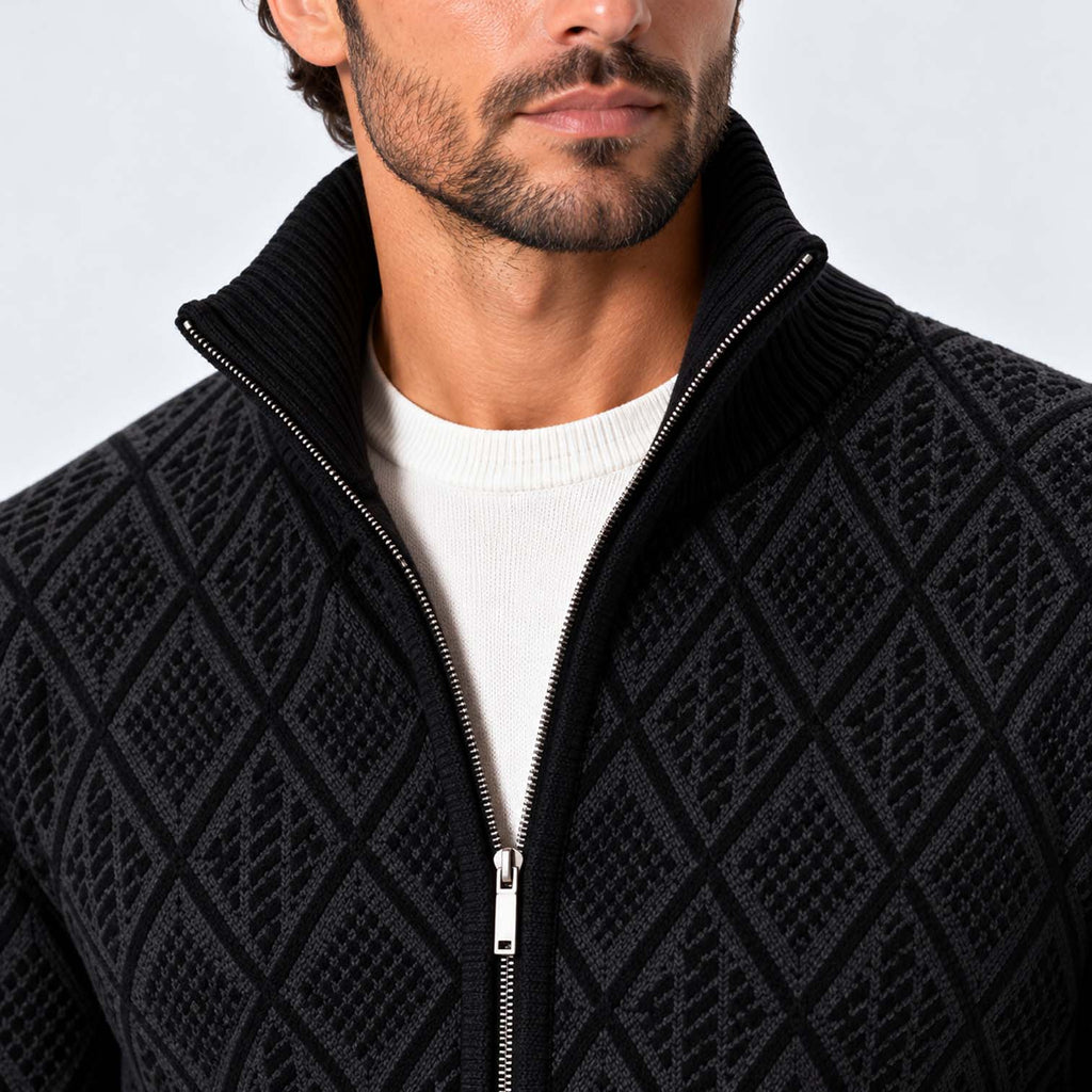 Monvaline | Men's Stand Collar Knit Zip-Up Cardigan Diamond Pattern