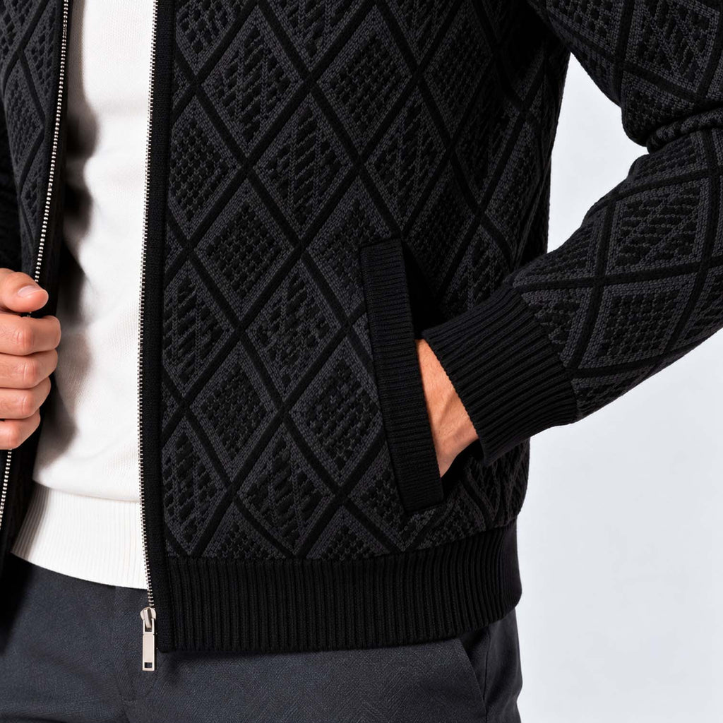 Monvaline | Men's Stand Collar Knit Zip-Up Cardigan Diamond Pattern