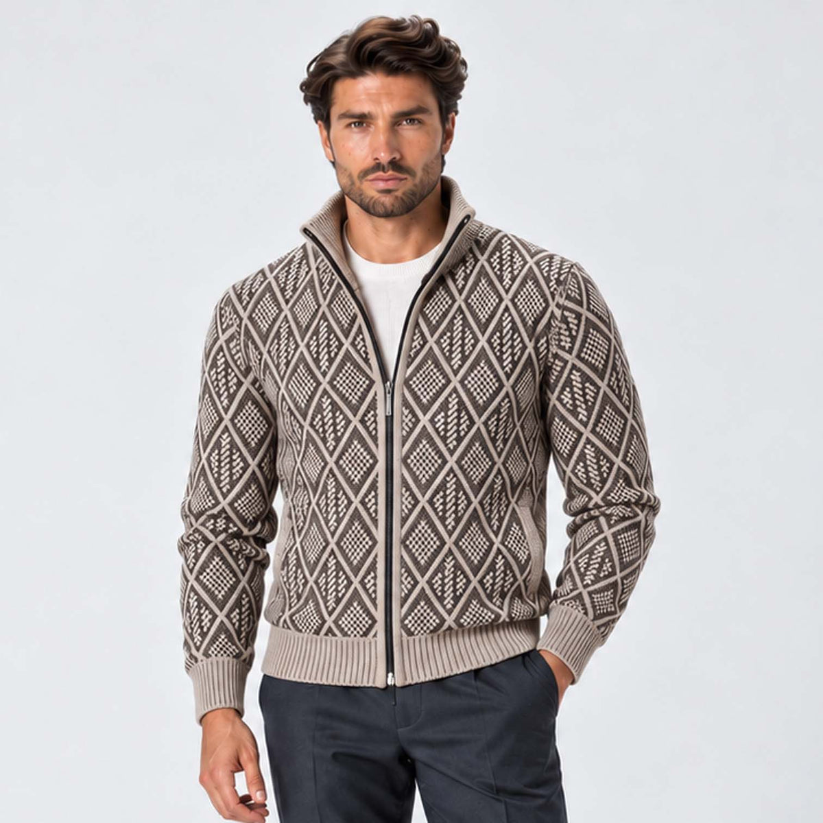 Monvaline | Men's Stand Collar Knit Zip-Up Cardigan Diamond Pattern