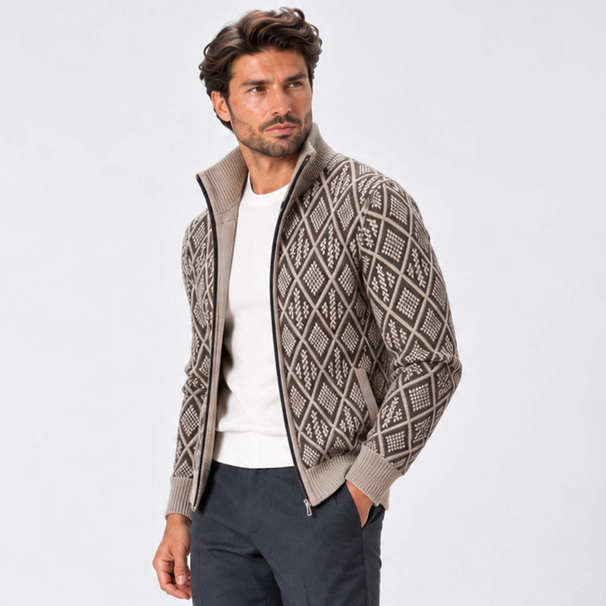 Monvaline | Men's Stand Collar Knit Zip-Up Cardigan Diamond Pattern