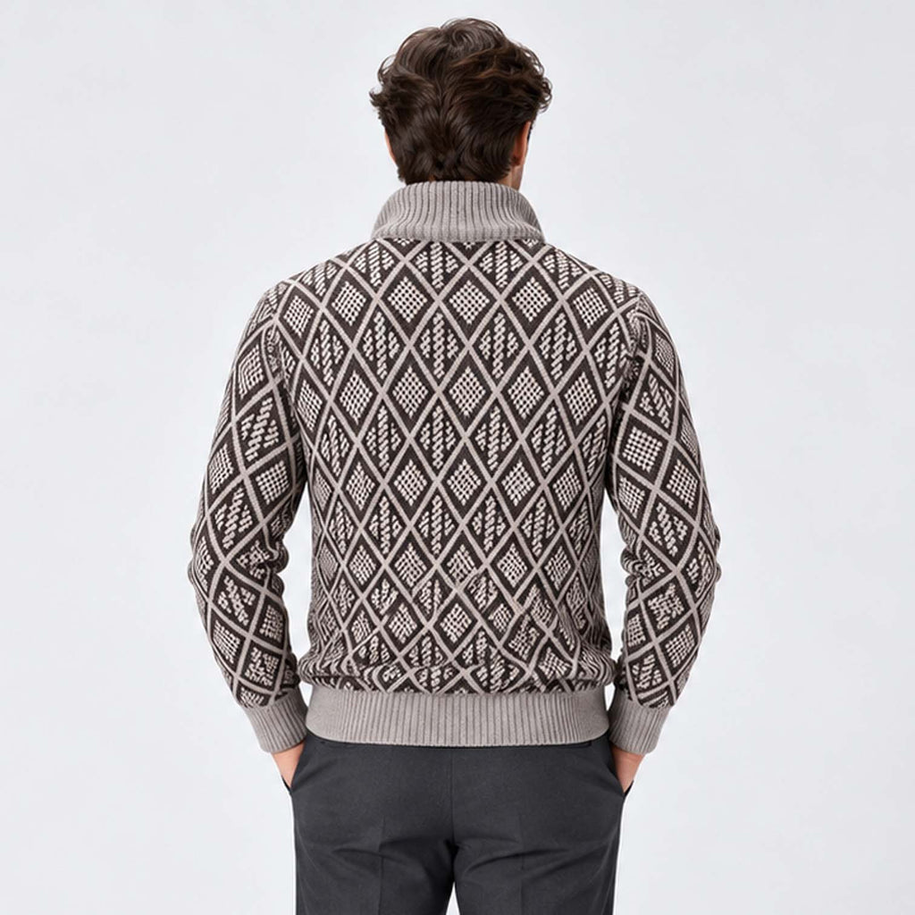 Monvaline | Men's Stand Collar Knit Zip-Up Cardigan Diamond Pattern