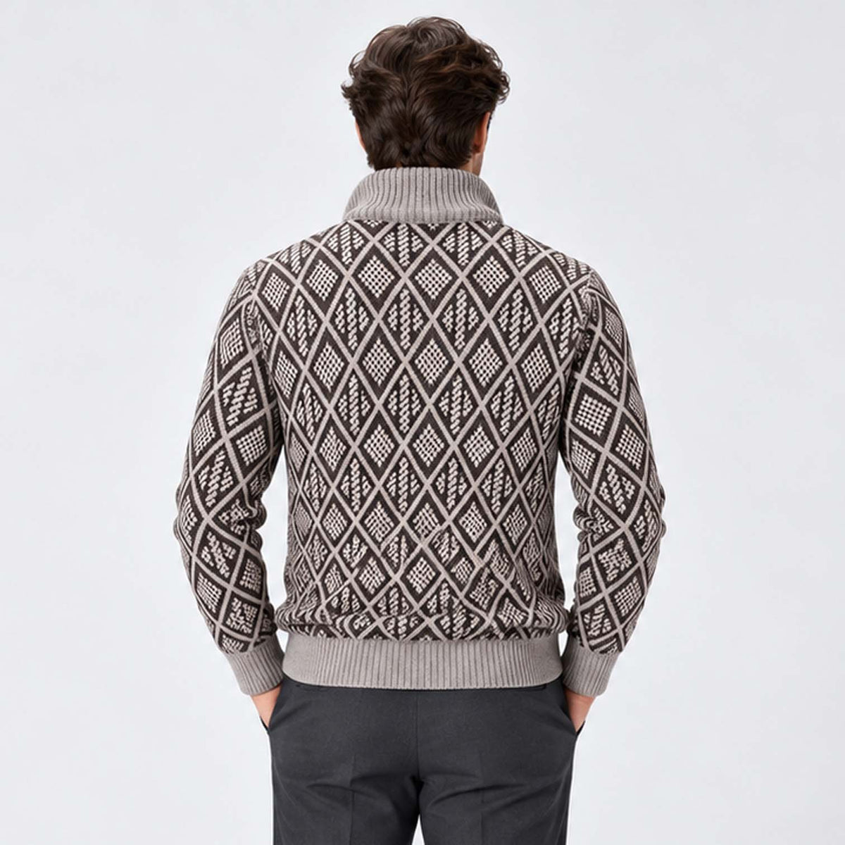 Monvaline | Men's Stand Collar Knit Zip-Up Cardigan Diamond Pattern