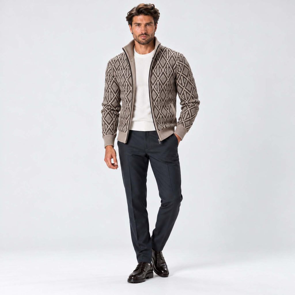 Monvaline | Men's Stand Collar Knit Zip-Up Cardigan Diamond Pattern