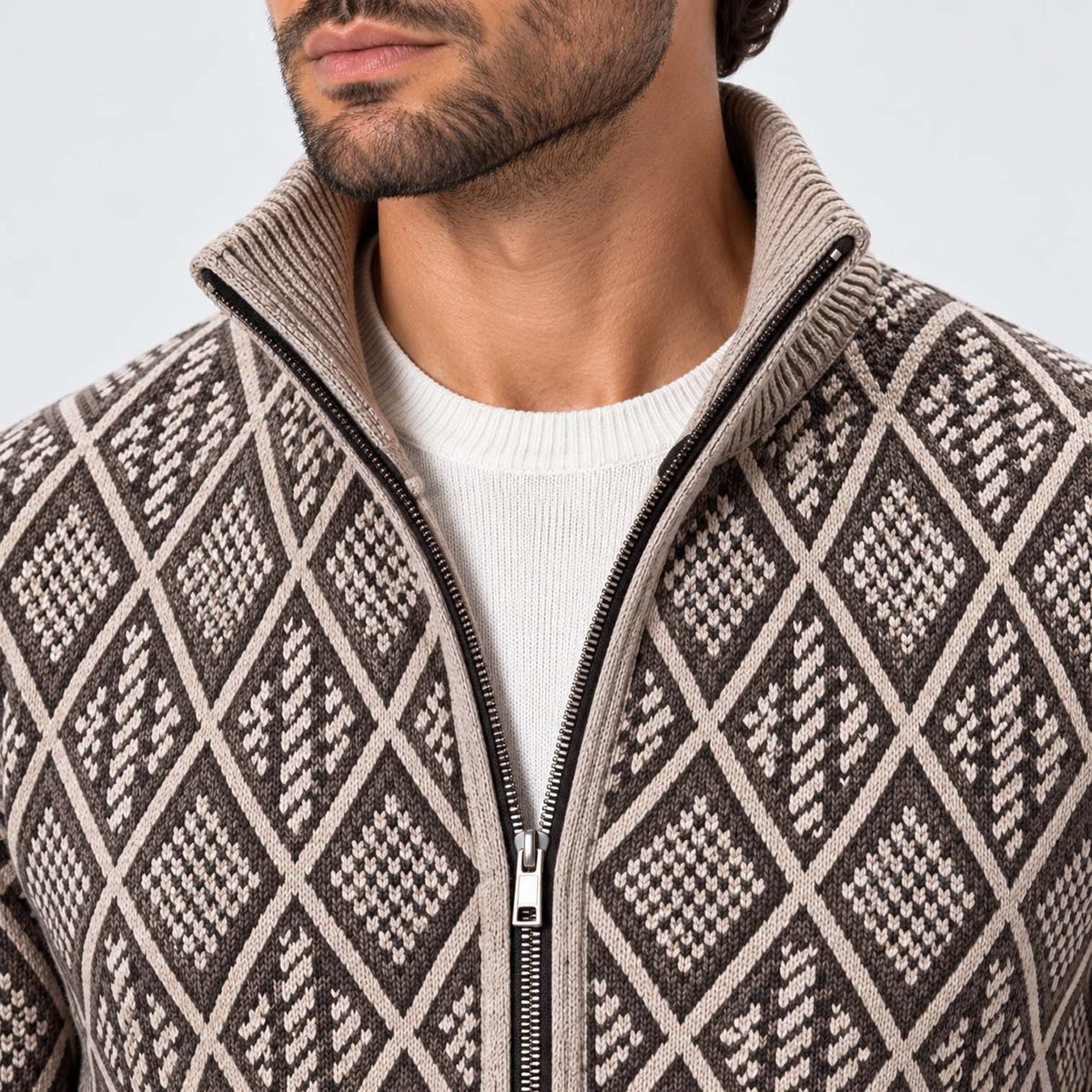 Monvaline | Men's Stand Collar Knit Zip-Up Cardigan Diamond Pattern