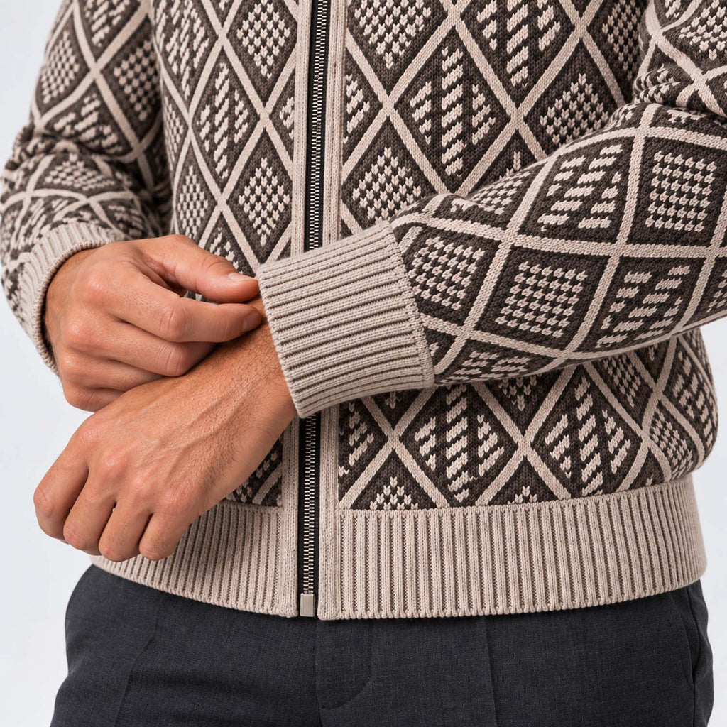 Monvaline | Men's Stand Collar Knit Zip-Up Cardigan Diamond Pattern