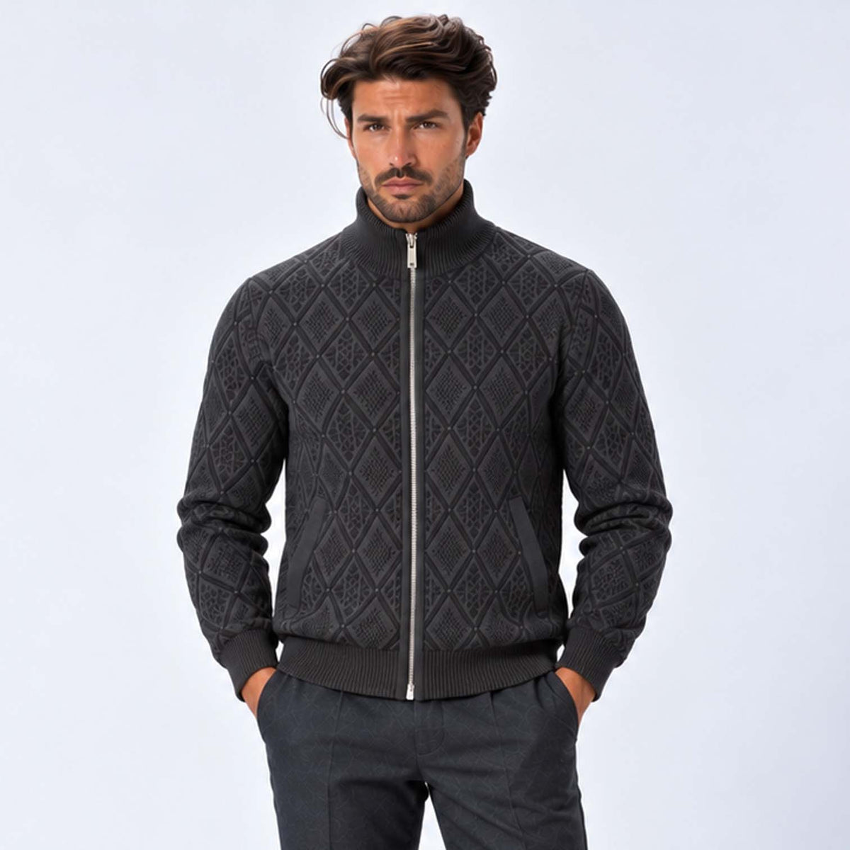 Monvaline | Men's Stand Collar Knit Zip-Up Cardigan Diamond Pattern