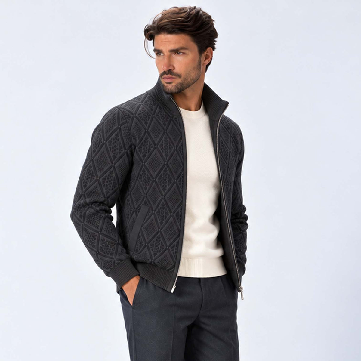Monvaline | Men's Stand Collar Knit Zip-Up Cardigan Diamond Pattern